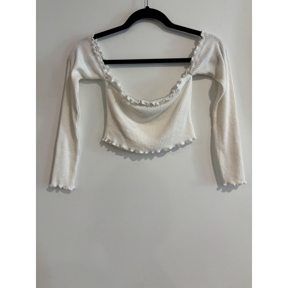 Akira Ribbed Off Shoulder Crop Top Womens Medium White Lettuce Trim